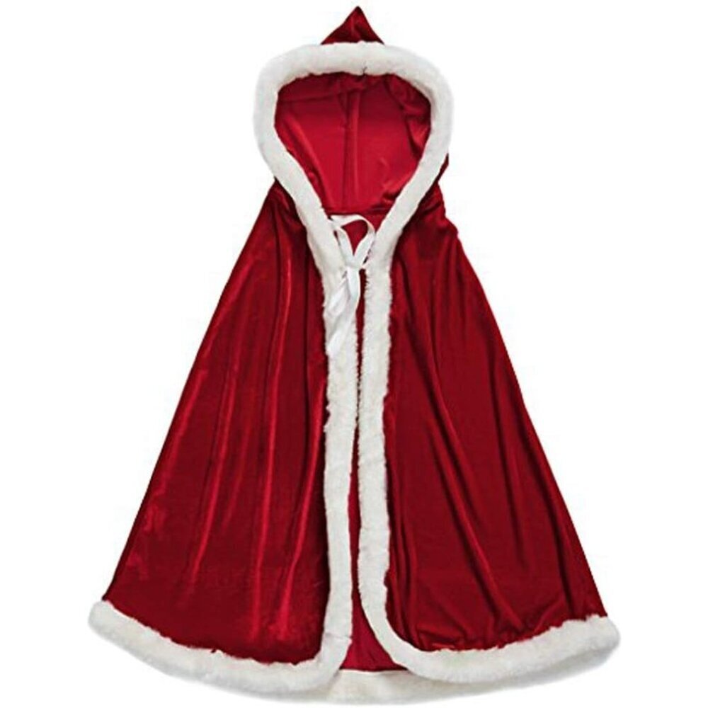 Velvet Hooded Red Cloak Mrs Santa Claus Costume Cape for Women Girl Christmas